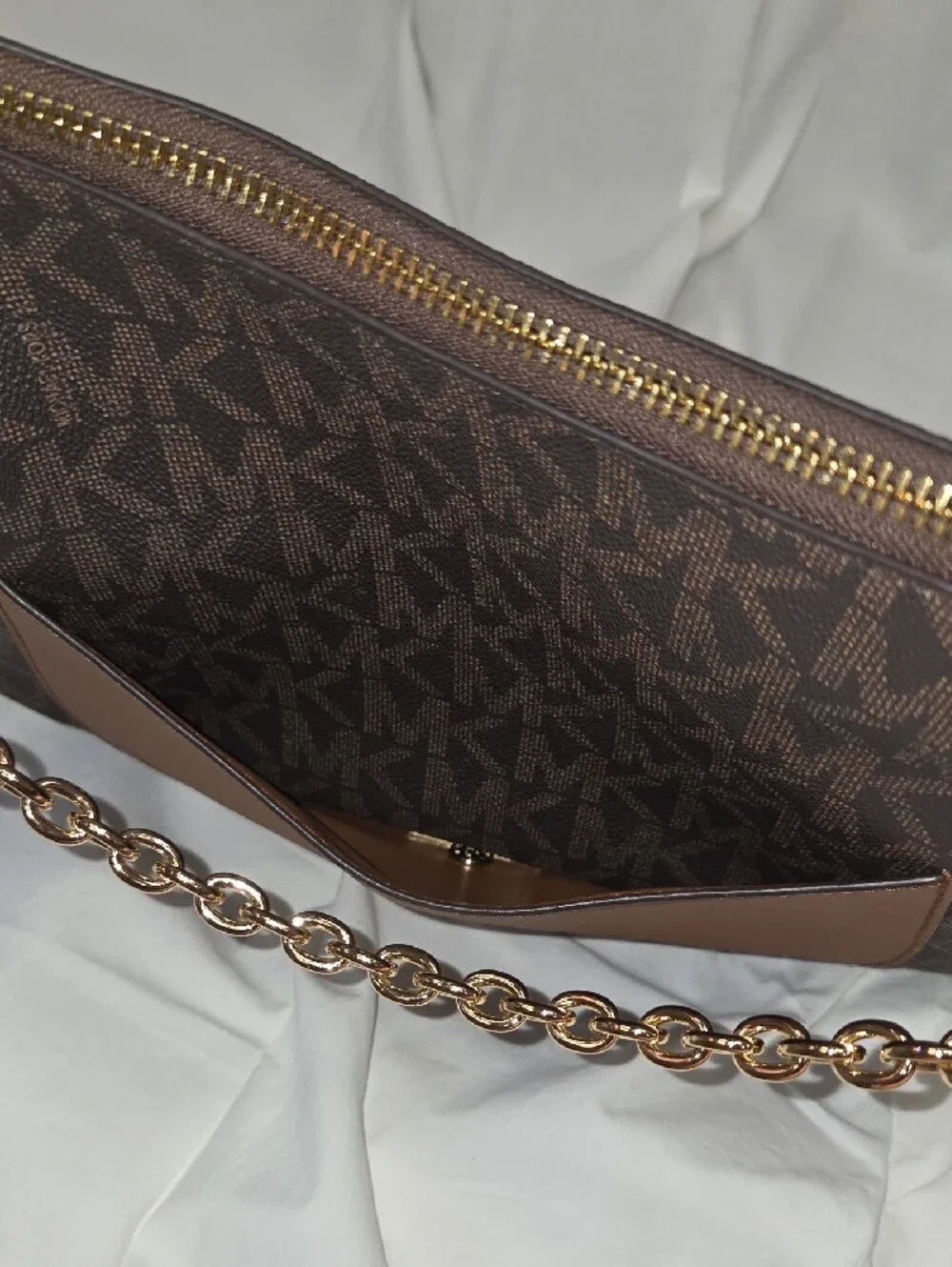 Michael Kors Edan MK Logo and Tan Leather Hobo with Gold Chain